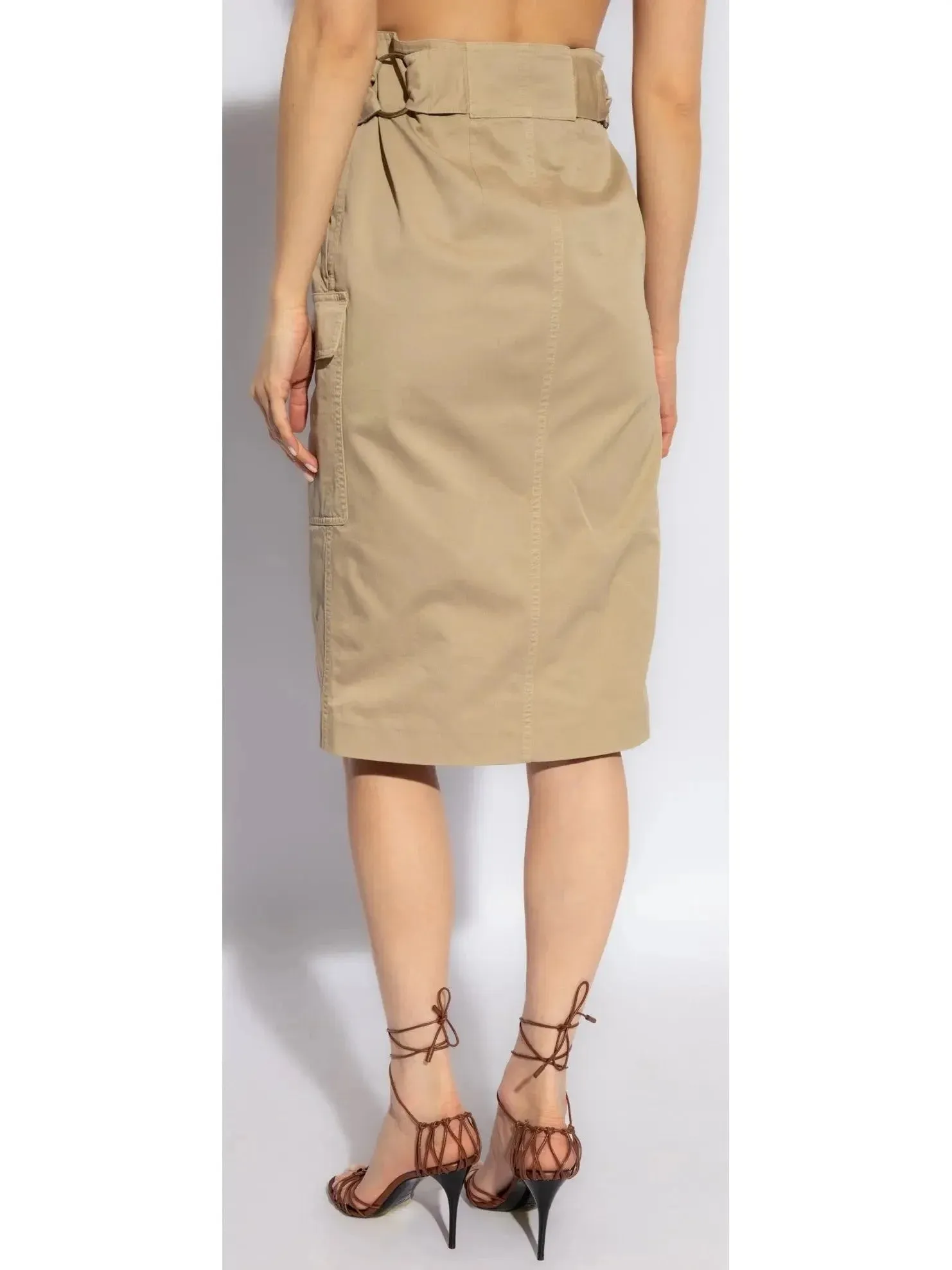 Beige Cargo Cotton Saharienne Safari Style Knee-Length Skirt