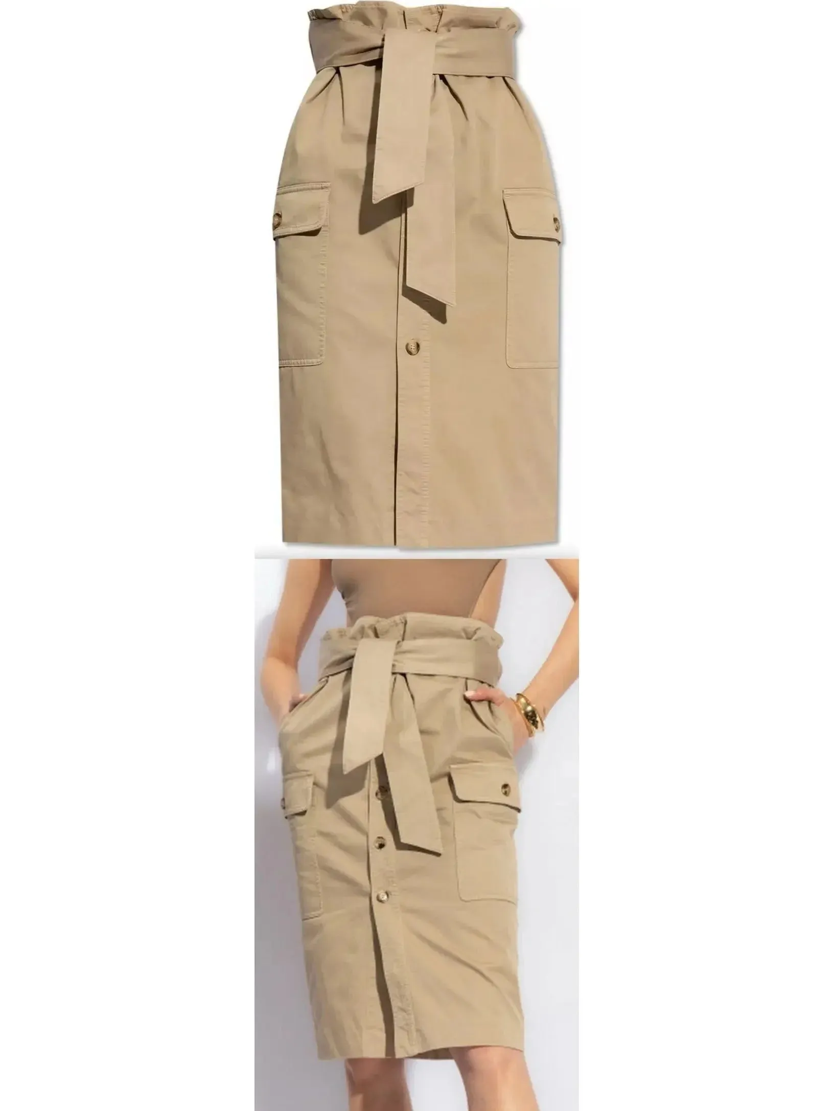 Beige Cargo Cotton Saharienne Safari Style Knee-Length Skirt