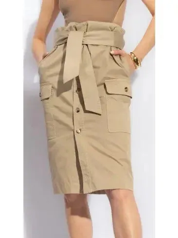 Beige Cargo Cotton Saharienne Safari Style Knee-Length Skirt