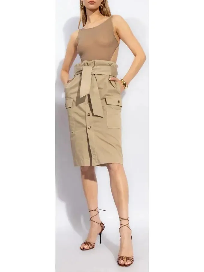 Beige Cargo Cotton Saharienne Safari Style Knee-Length Skirt