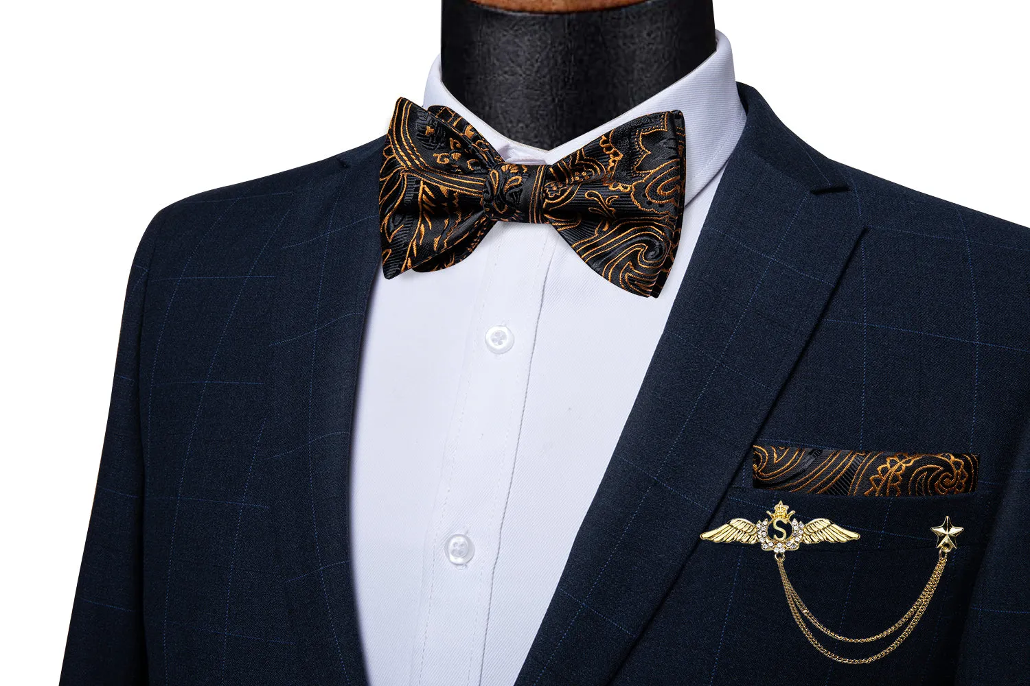 Black Yellow Paisley Self-Bowtie Pocket Square Cufflinks Wing Lapel Pin Brooch