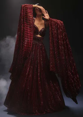 Burgundy Gown In Sequins Embellished Net With Attached Cape And Cut Dana Accented Front Cut Bodice