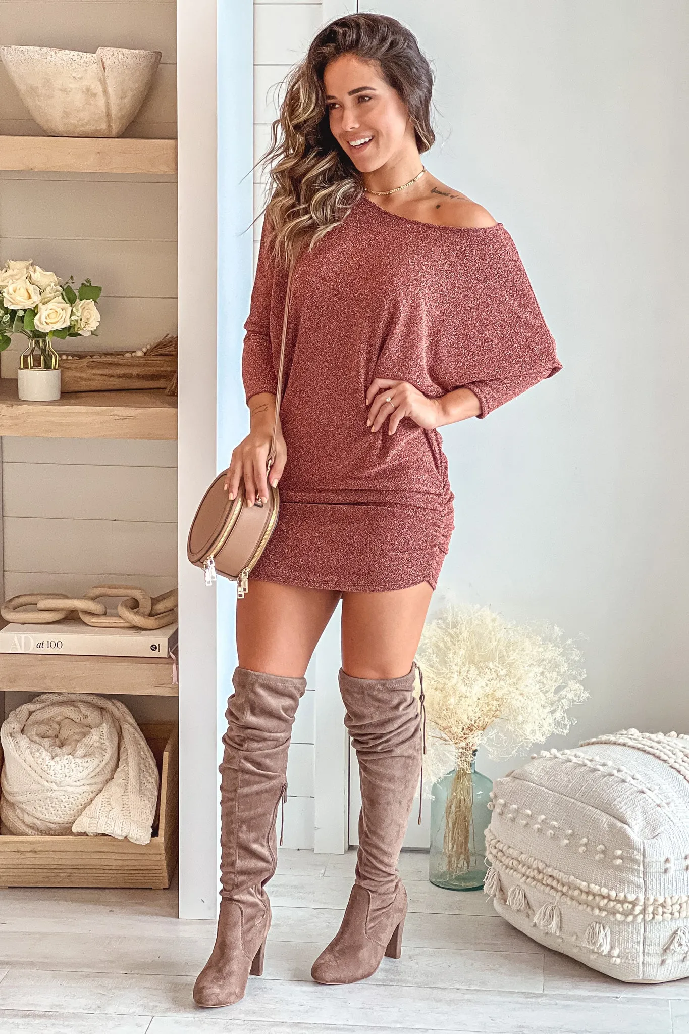 Copper Shimmer Wide Neck Short Dress With Long Sleeves