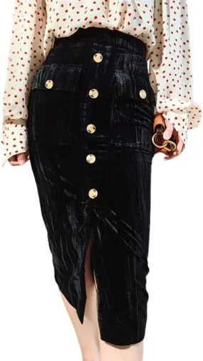 ebossy Women's Button Front High Waisted Bodycon Shimmer Velvet Midi Pencil Skirt