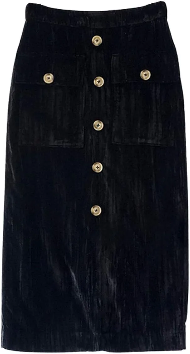 ebossy Women's Button Front High Waisted Bodycon Shimmer Velvet Midi Pencil Skirt