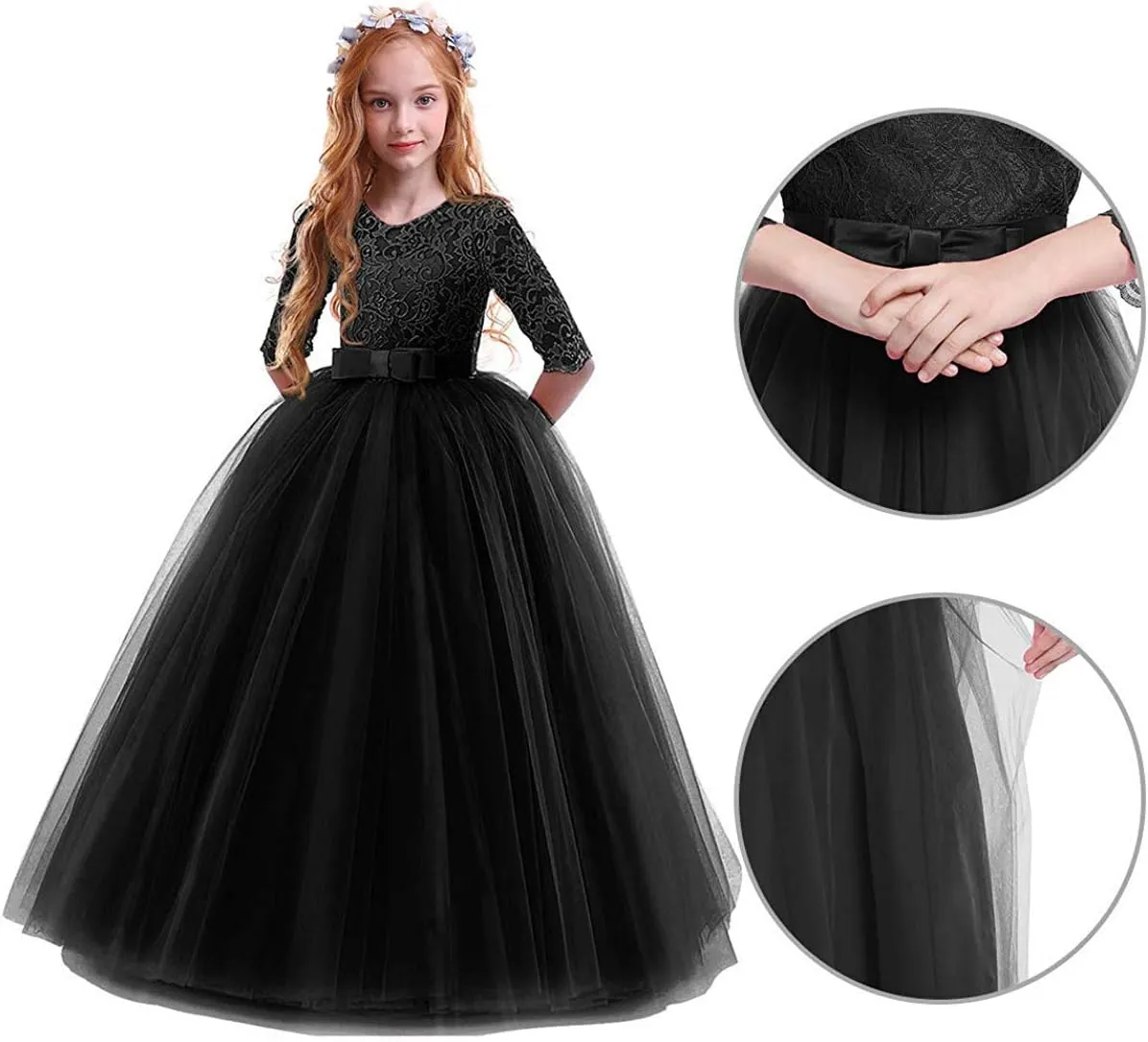 Flower Girls Vintage Lace 3/4 Sleeve Bridesmaid Velvet Dress Princess Wedding Party Pageant Evening Formal Prom Ball Gown