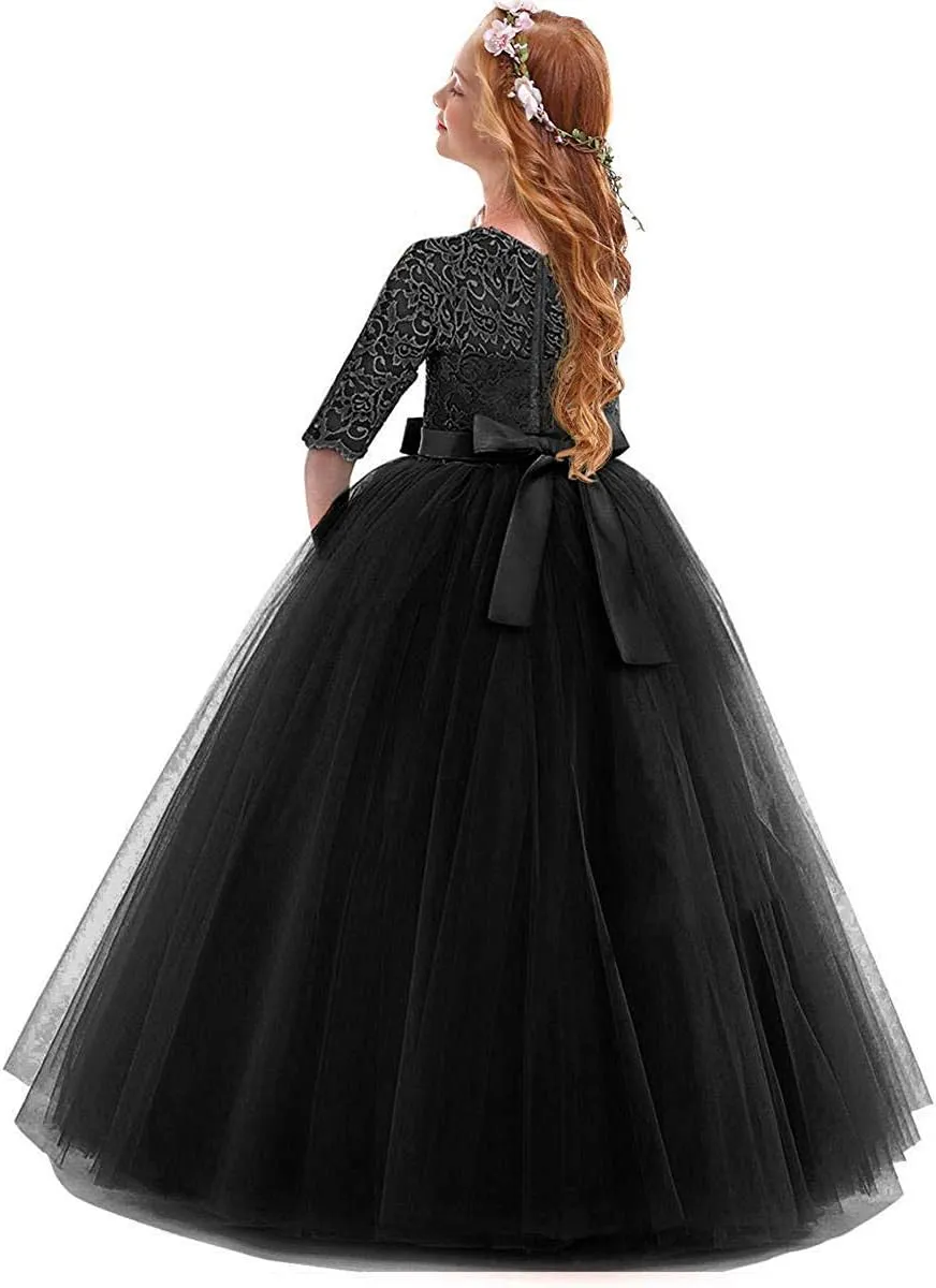 Flower Girls Vintage Lace 3/4 Sleeve Bridesmaid Velvet Dress Princess Wedding Party Pageant Evening Formal Prom Ball Gown