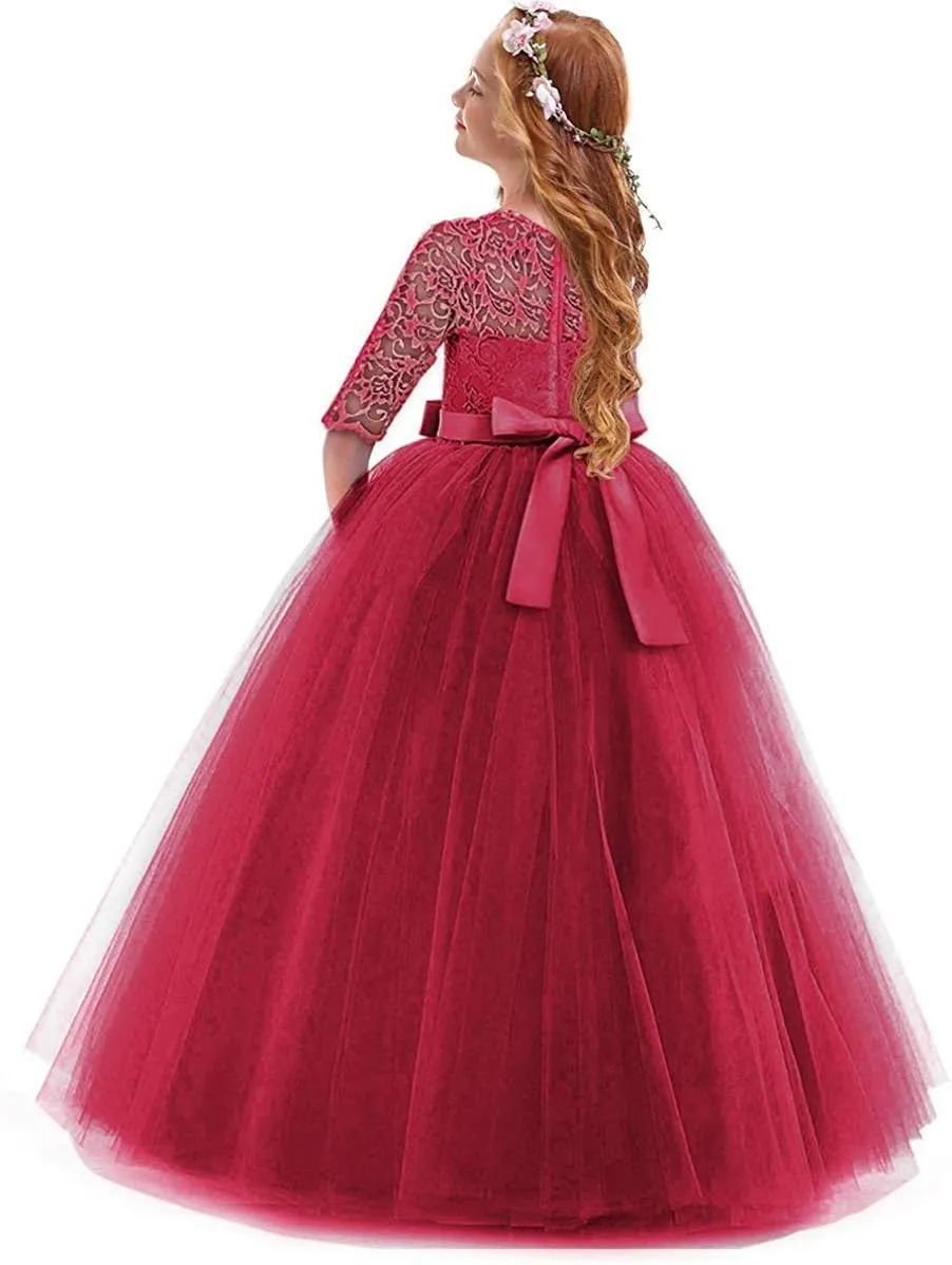 Flower Girls Vintage Lace 3/4 Sleeve Bridesmaid Velvet Dress Princess Wedding Party Pageant Evening Formal Prom Ball Gown