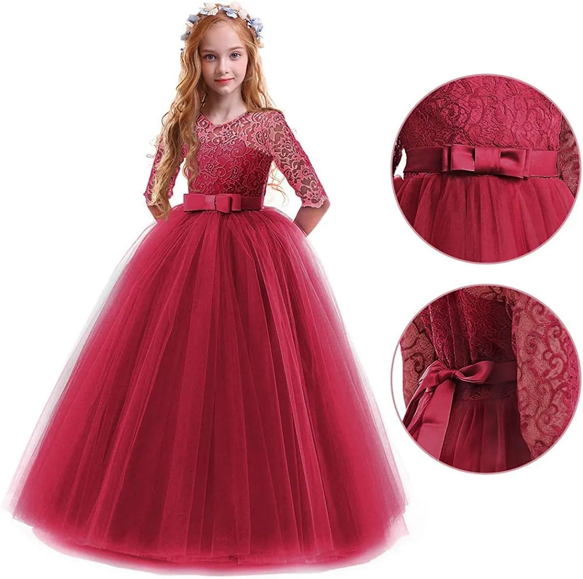 Flower Girls Vintage Lace 3/4 Sleeve Bridesmaid Velvet Dress Princess Wedding Party Pageant Evening Formal Prom Ball Gown