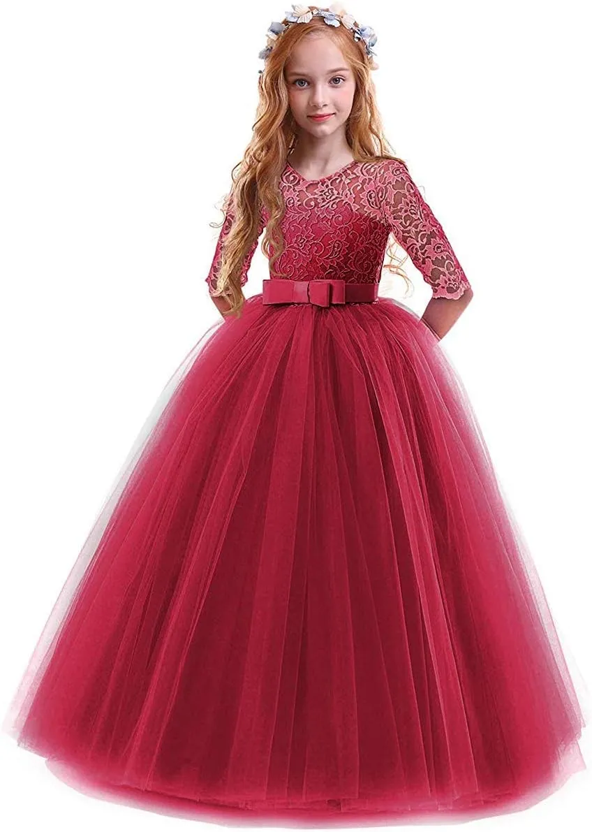 Flower Girls Vintage Lace 3/4 Sleeve Bridesmaid Velvet Dress Princess Wedding Party Pageant Evening Formal Prom Ball Gown