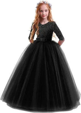 Flower Girls Vintage Lace 3/4 Sleeve Bridesmaid Velvet Dress Princess Wedding Party Pageant Evening Formal Prom Ball Gown