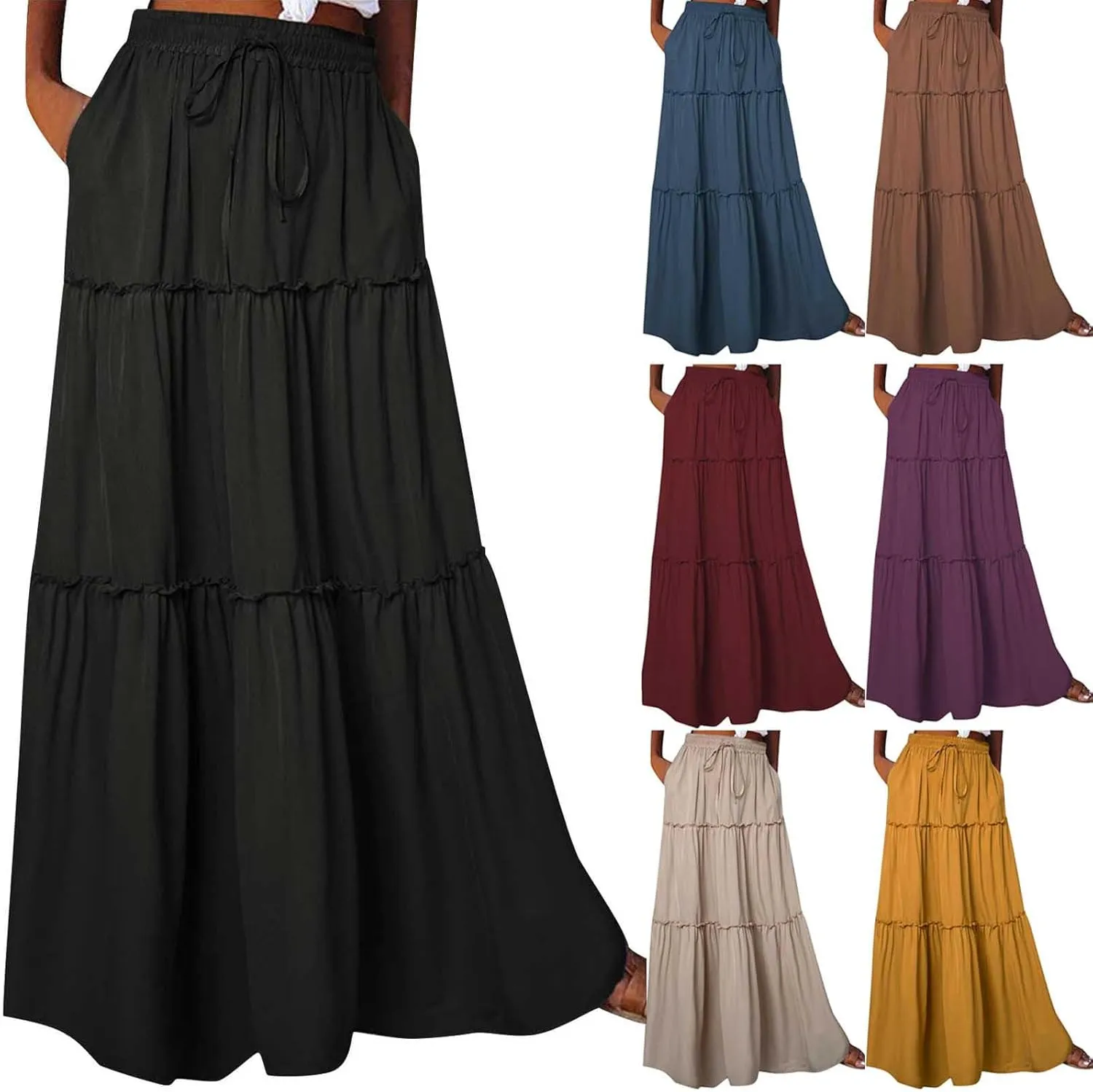 HGps8w Womens Casual Drawstring Elastic High Waist Tiered Flowy Swing Solid Color Long Maxi Skirt with Pockets