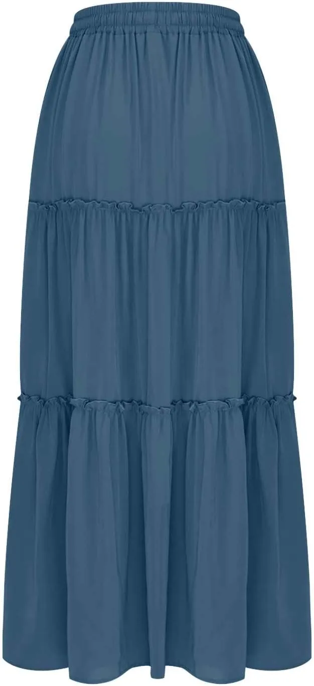 HGps8w Womens Casual Drawstring Elastic High Waist Tiered Flowy Swing Solid Color Long Maxi Skirt with Pockets