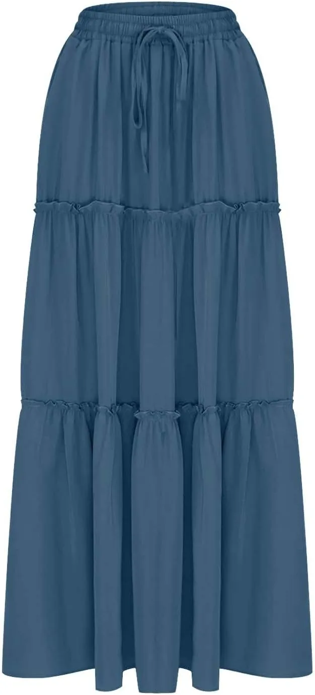 HGps8w Womens Casual Drawstring Elastic High Waist Tiered Flowy Swing Solid Color Long Maxi Skirt with Pockets