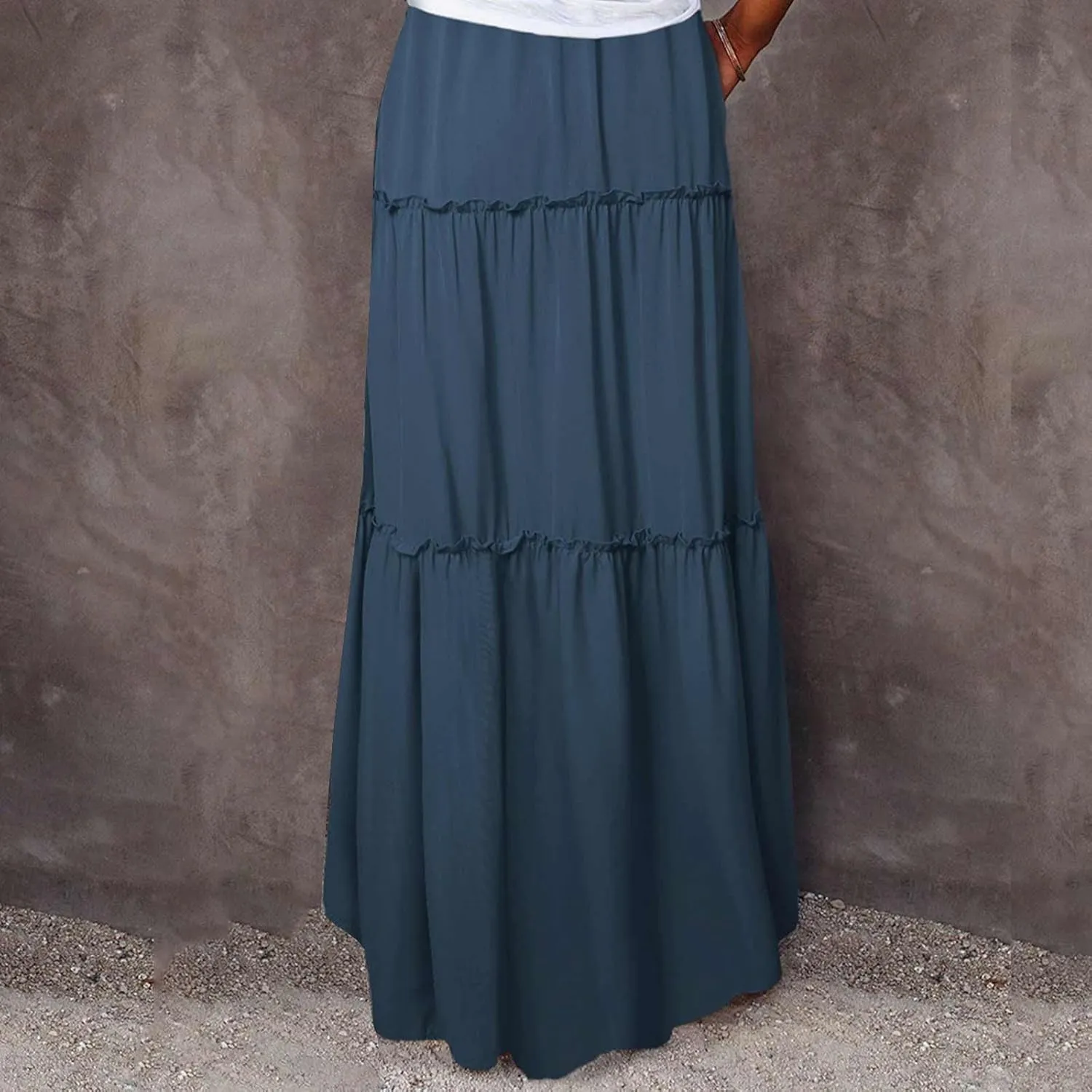 HGps8w Womens Casual Drawstring Elastic High Waist Tiered Flowy Swing Solid Color Long Maxi Skirt with Pockets