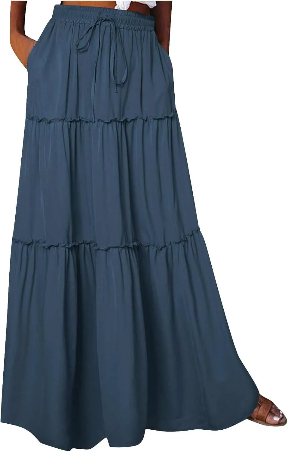 HGps8w Womens Casual Drawstring Elastic High Waist Tiered Flowy Swing Solid Color Long Maxi Skirt with Pockets
