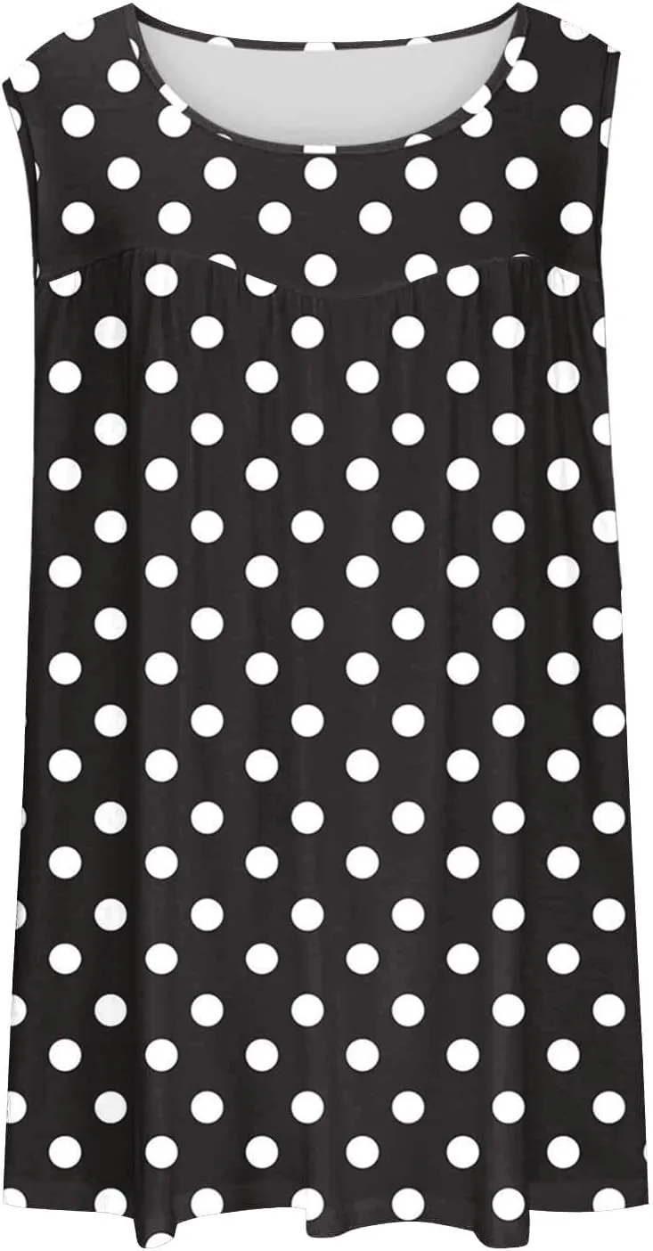 HGps8w Women's Plus Size Tank Tops Casual 2025 Summer Pleated Blouse Loose Crewneck Sleeveless Polka Dots Tunic T-Shirts