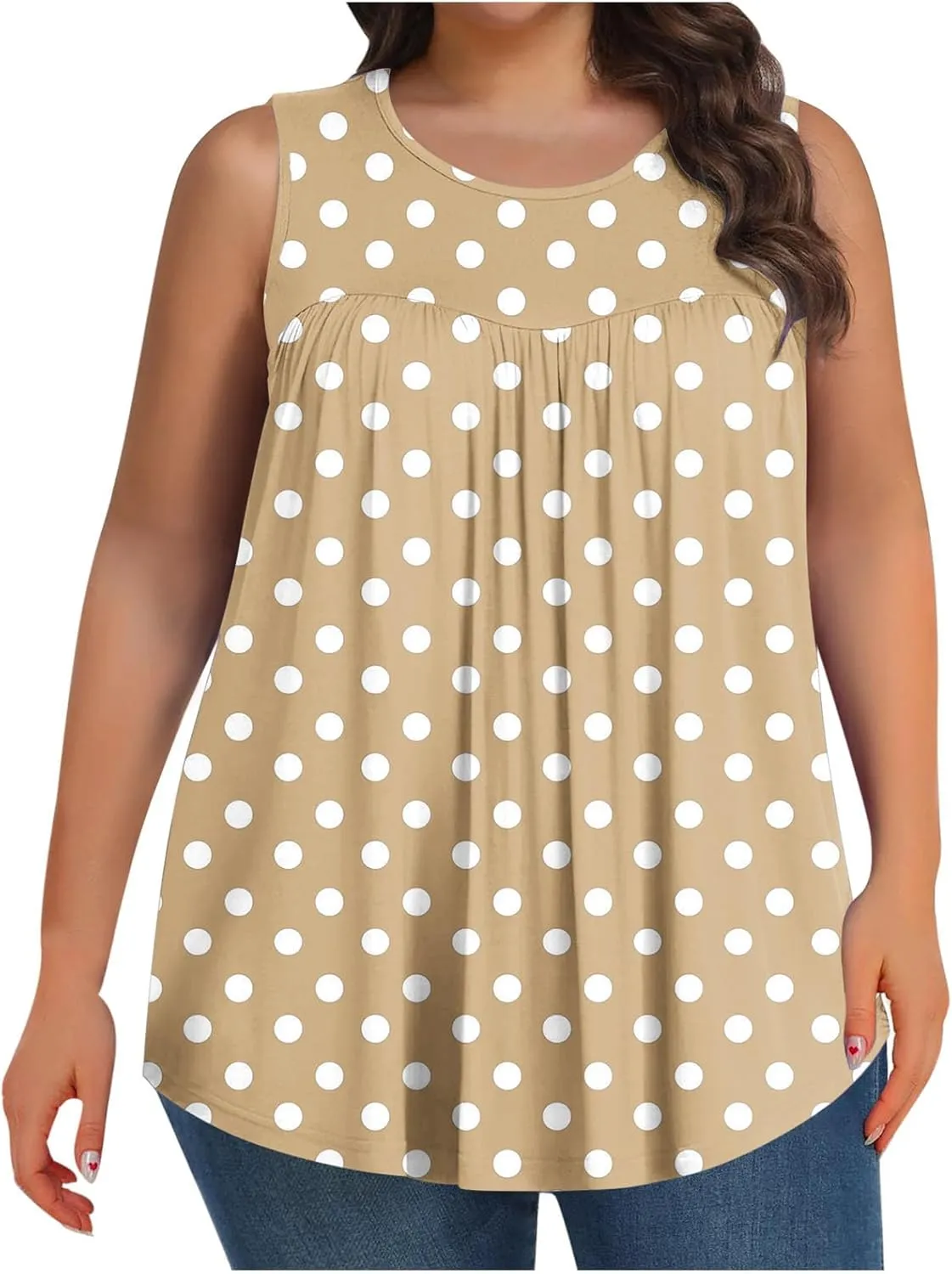 HGps8w Women's Plus Size Tank Tops Casual 2025 Summer Pleated Blouse Loose Crewneck Sleeveless Polka Dots Tunic T-Shirts