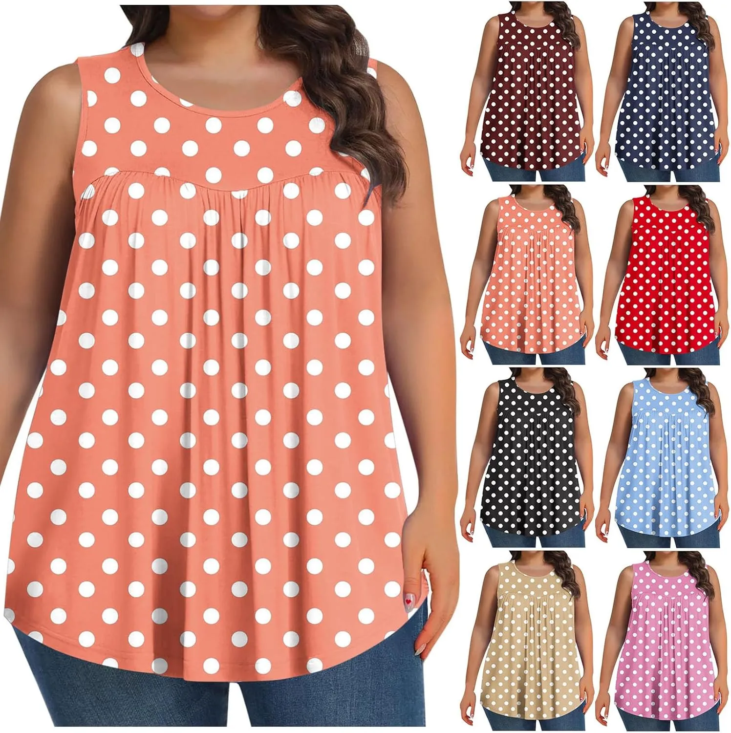 HGps8w Women's Plus Size Tank Tops Casual 2025 Summer Pleated Blouse Loose Crewneck Sleeveless Polka Dots Tunic T-Shirts
