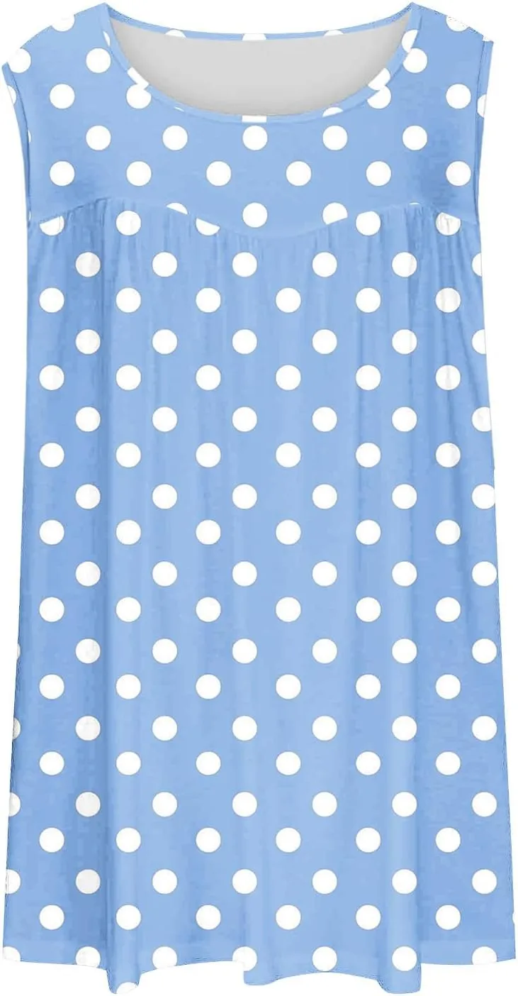HGps8w Women's Plus Size Tank Tops Casual 2025 Summer Pleated Blouse Loose Crewneck Sleeveless Polka Dots Tunic T-Shirts