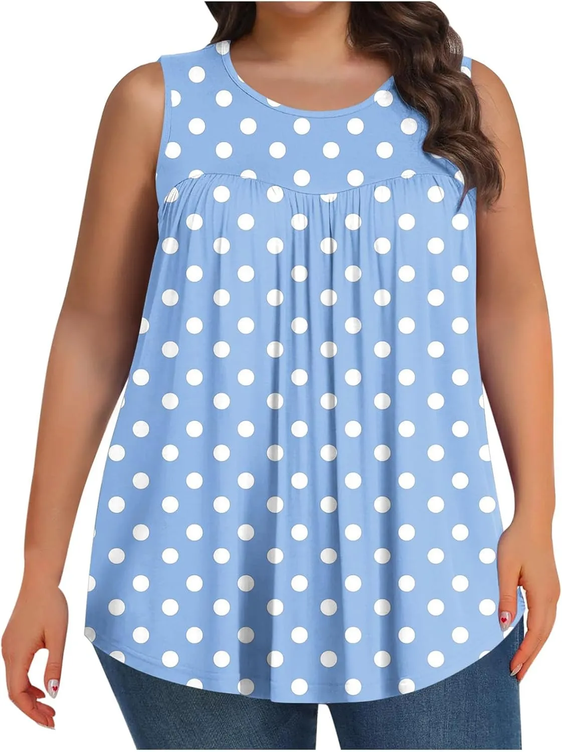 HGps8w Women's Plus Size Tank Tops Casual 2025 Summer Pleated Blouse Loose Crewneck Sleeveless Polka Dots Tunic T-Shirts