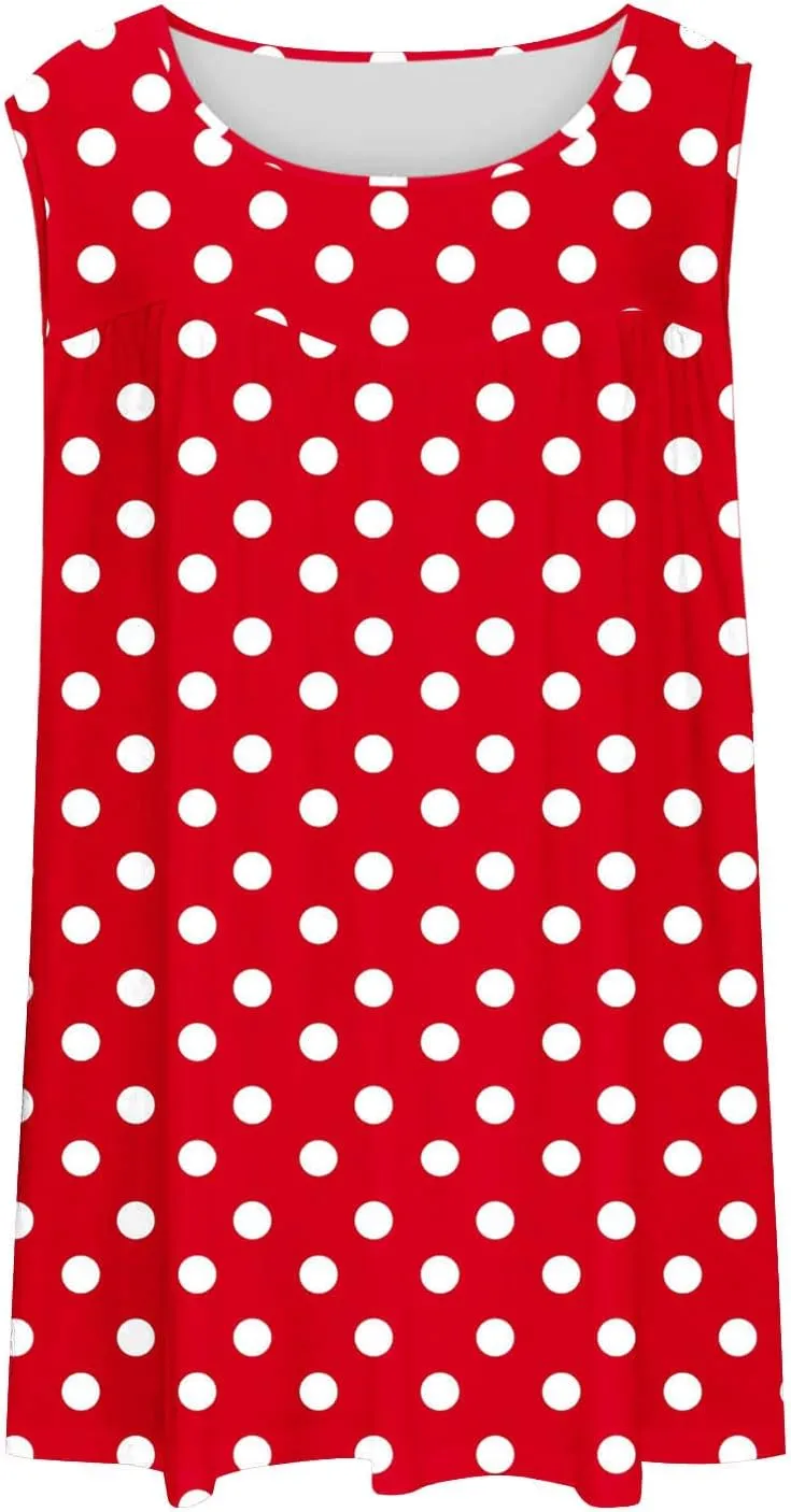 HGps8w Women's Plus Size Tank Tops Casual 2025 Summer Pleated Blouse Loose Crewneck Sleeveless Polka Dots Tunic T-Shirts