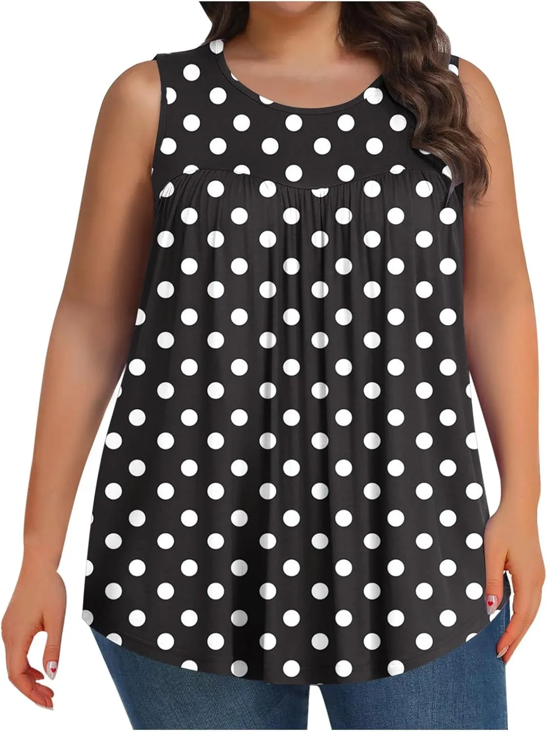 HGps8w Women's Plus Size Tank Tops Casual 2025 Summer Pleated Blouse Loose Crewneck Sleeveless Polka Dots Tunic T-Shirts