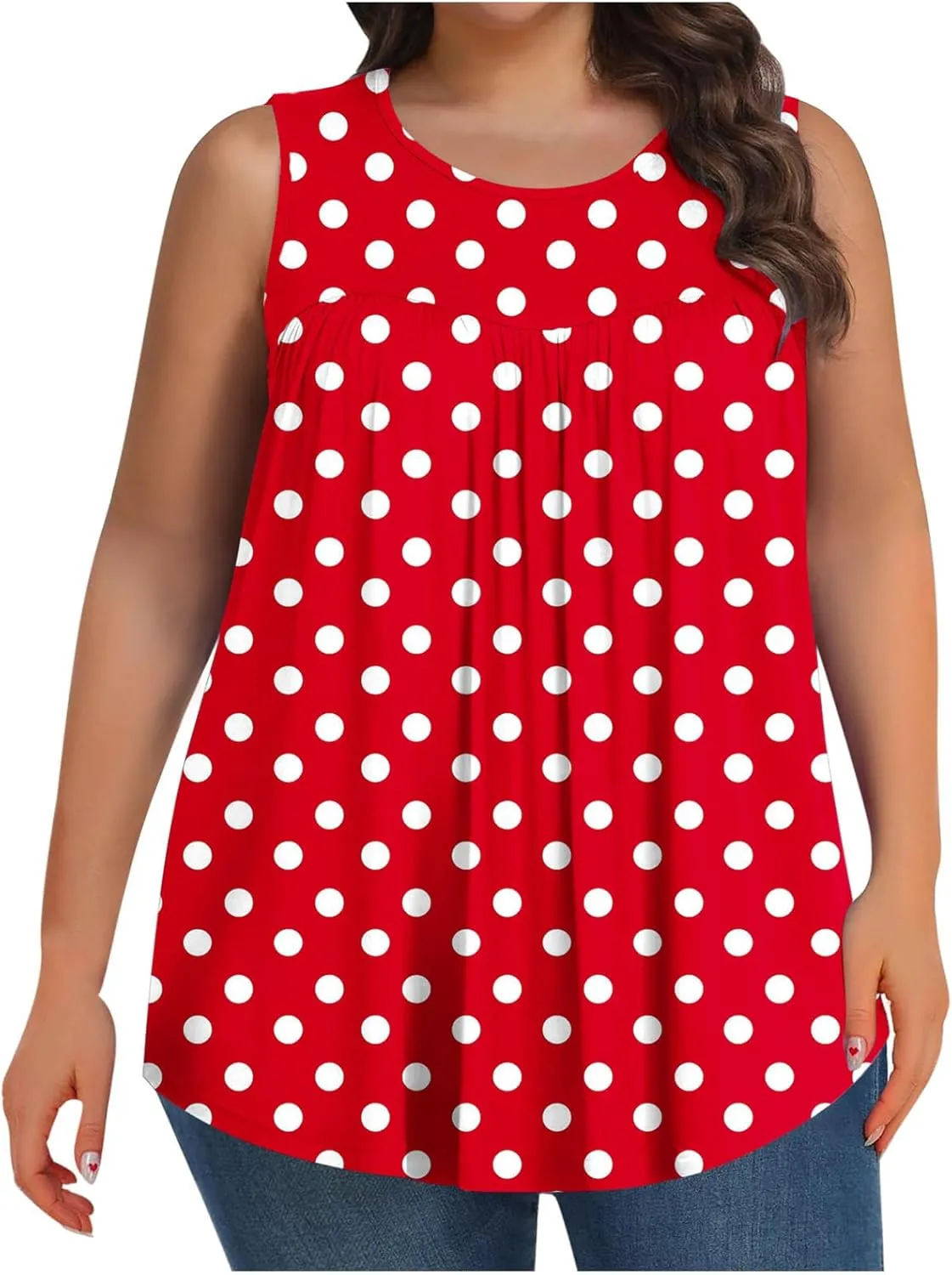 HGps8w Women's Plus Size Tank Tops Casual 2025 Summer Pleated Blouse Loose Crewneck Sleeveless Polka Dots Tunic T-Shirts