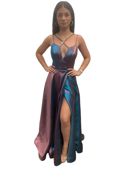 Jovani JVN3779 Size 12 Blush Long Iridescent Shimmer Prom Dress High Slit Backless V Neck