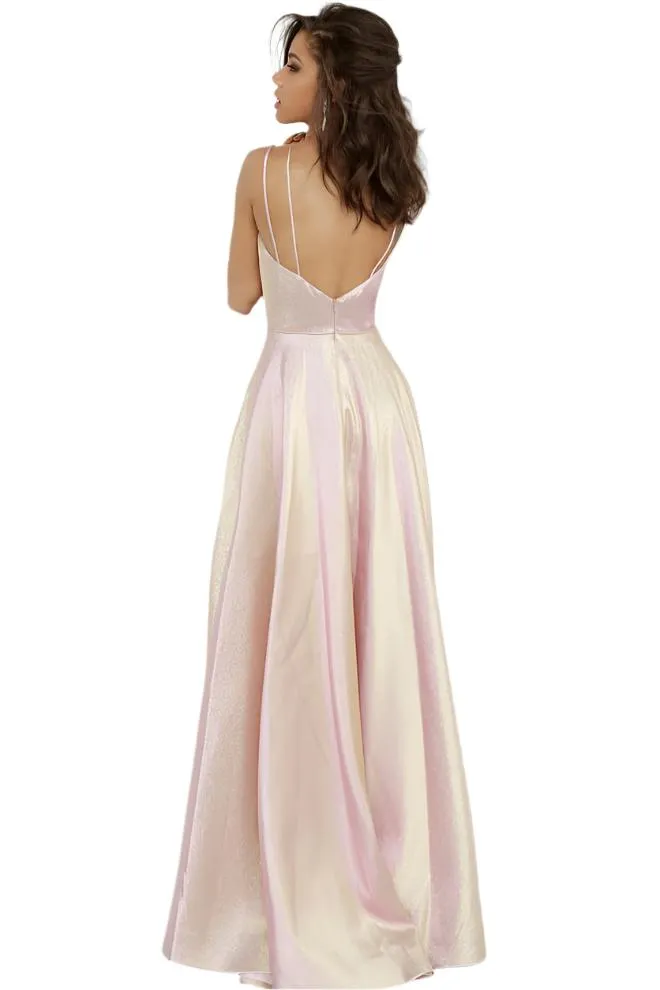 Jovani JVN3779 Size 12 Blush Long Iridescent Shimmer Prom Dress High Slit Backless V Neck