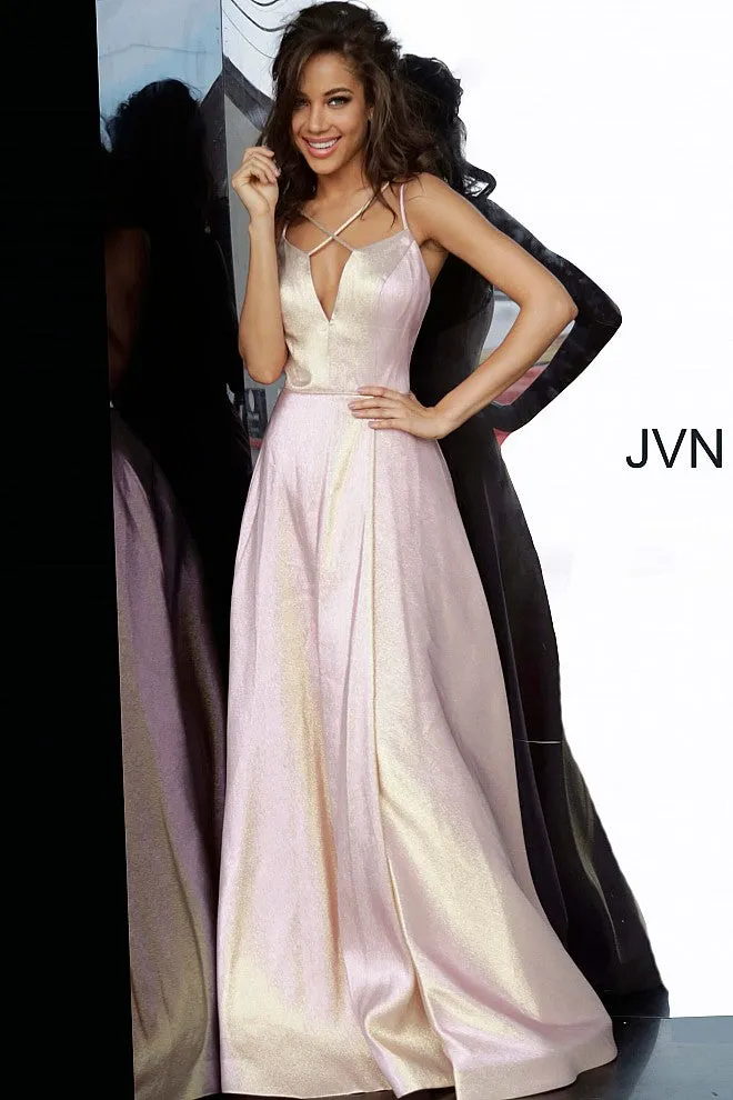 Jovani JVN3779 Size 12 Blush Long Iridescent Shimmer Prom Dress High Slit Backless V Neck