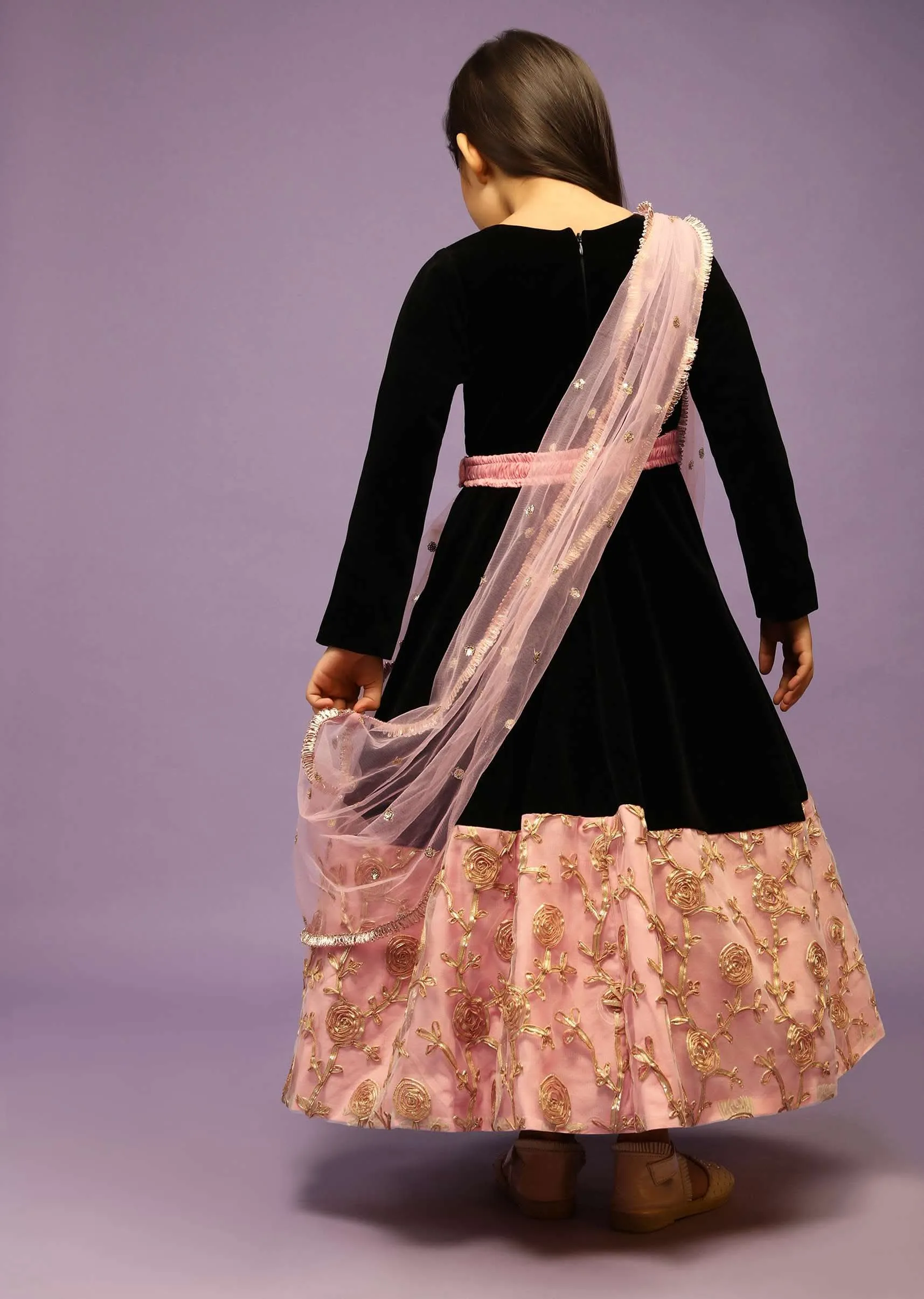 Kalki Girls Black Anarkali gown with pink border and intricate lace embroidery by fayon kids
