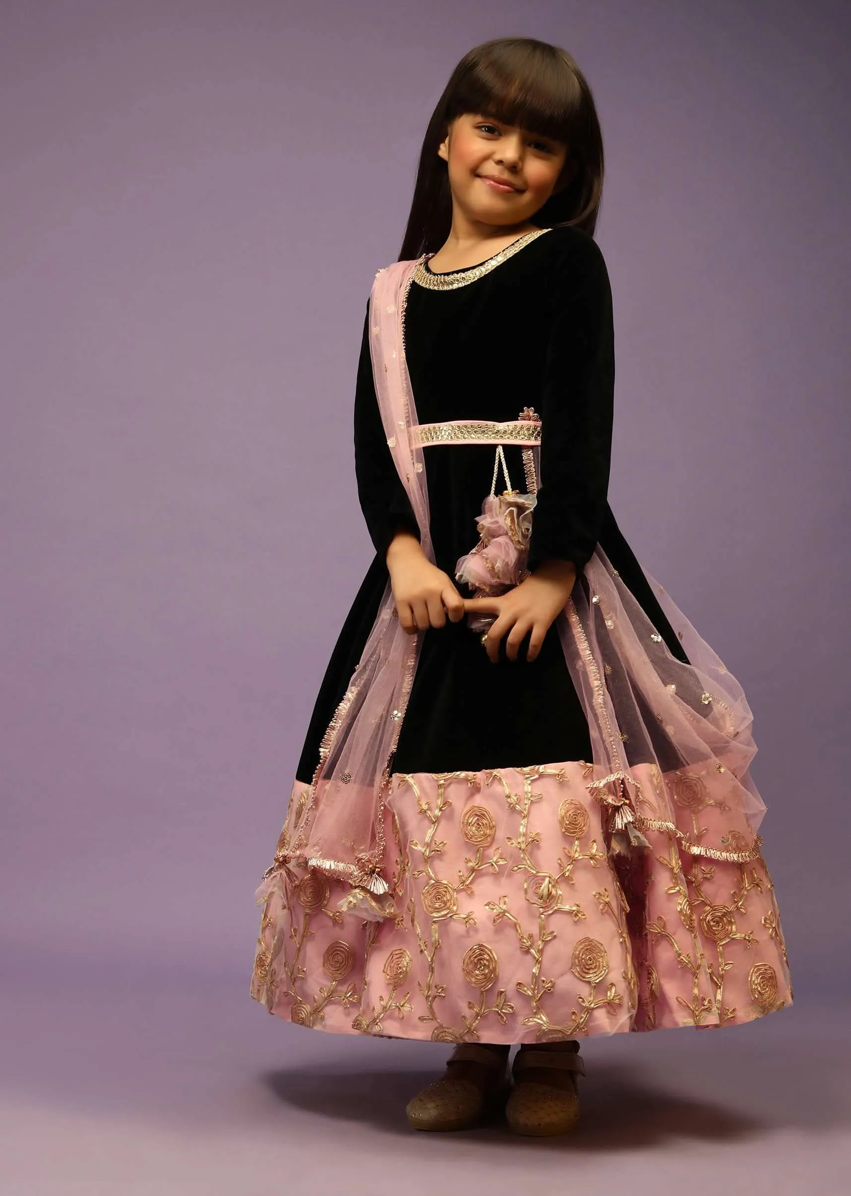 Kalki Girls Black Anarkali gown with pink border and intricate lace embroidery by fayon kids