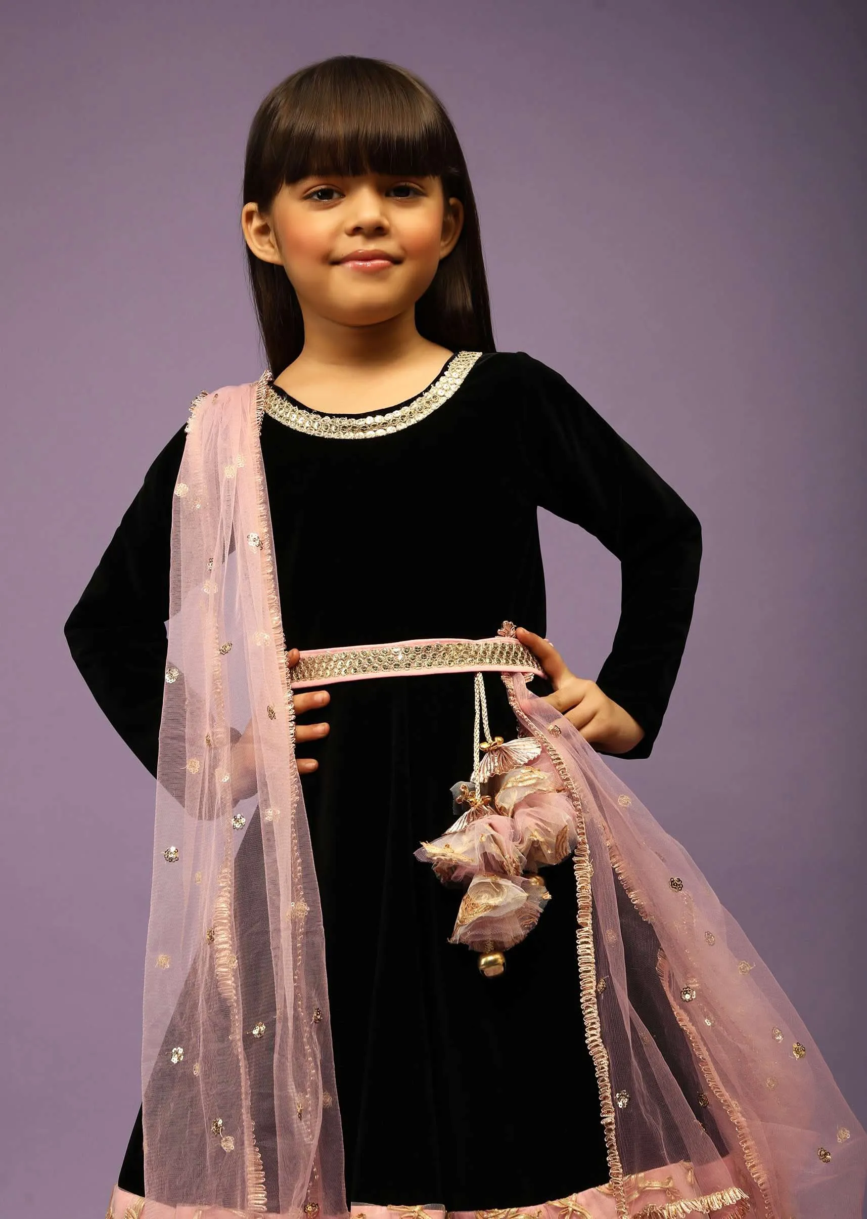 Kalki Girls Black Anarkali gown with pink border and intricate lace embroidery by fayon kids