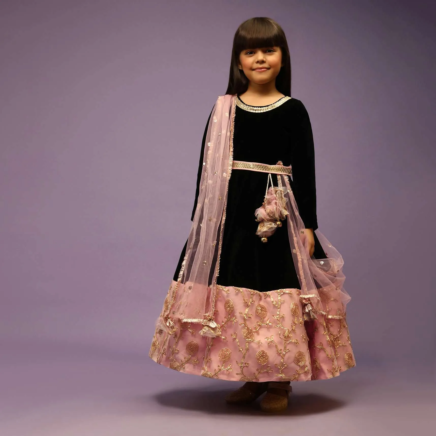 Kalki Girls Black Anarkali gown with pink border and intricate lace embroidery by fayon kids