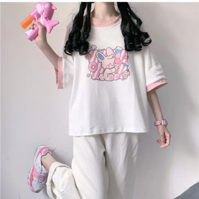 Kawaii Pink Cartoon Graphic T-shirt