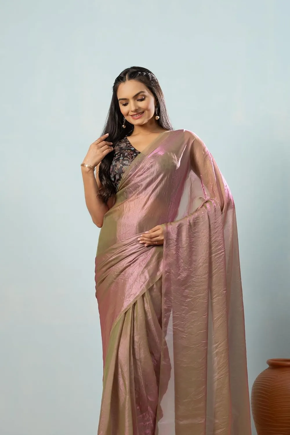 Lustrous Tissue Silk Ready To Wear Saree With Foil Printed Digital Blouse