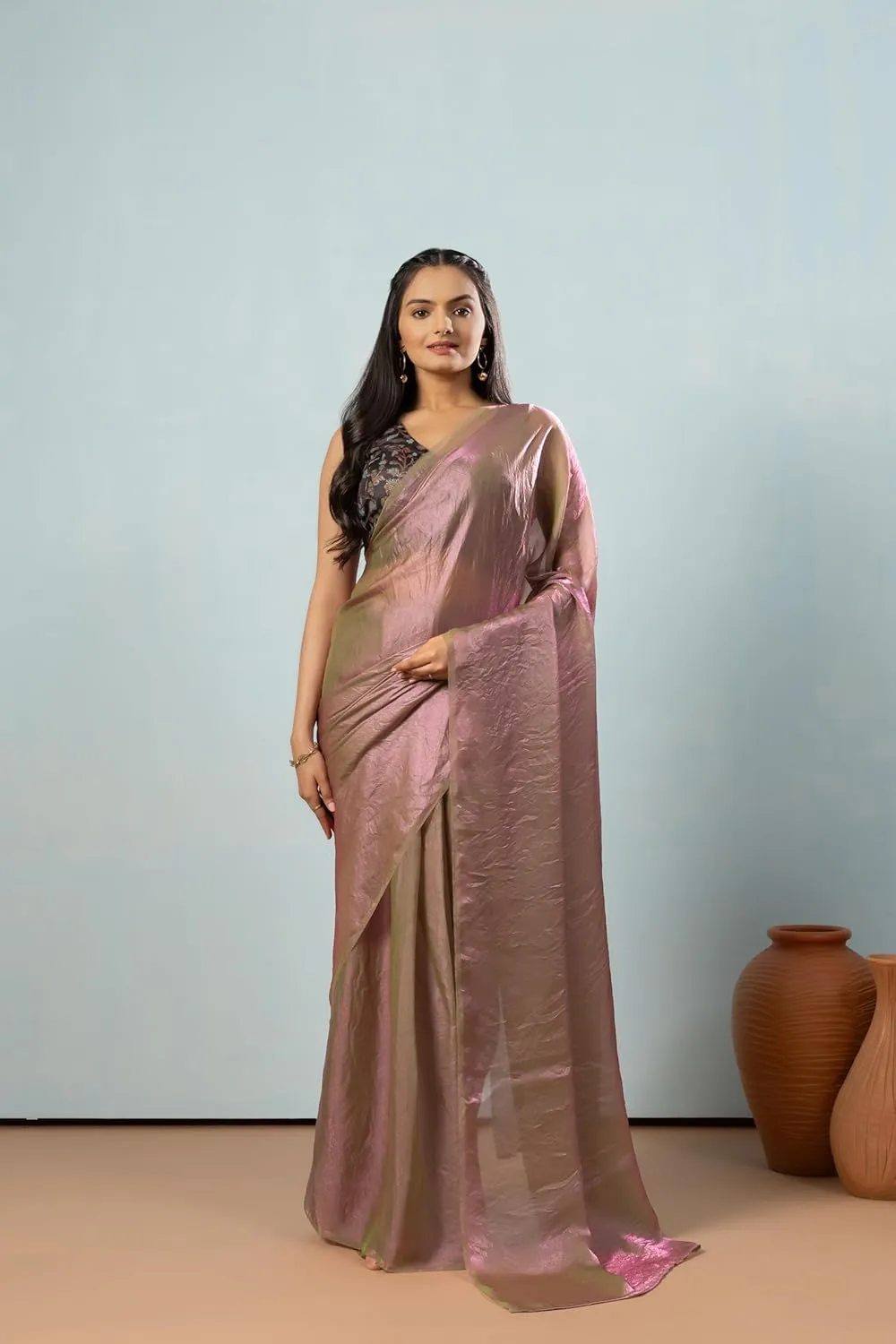 Lustrous Tissue Silk Ready To Wear Saree With Foil Printed Digital Blouse