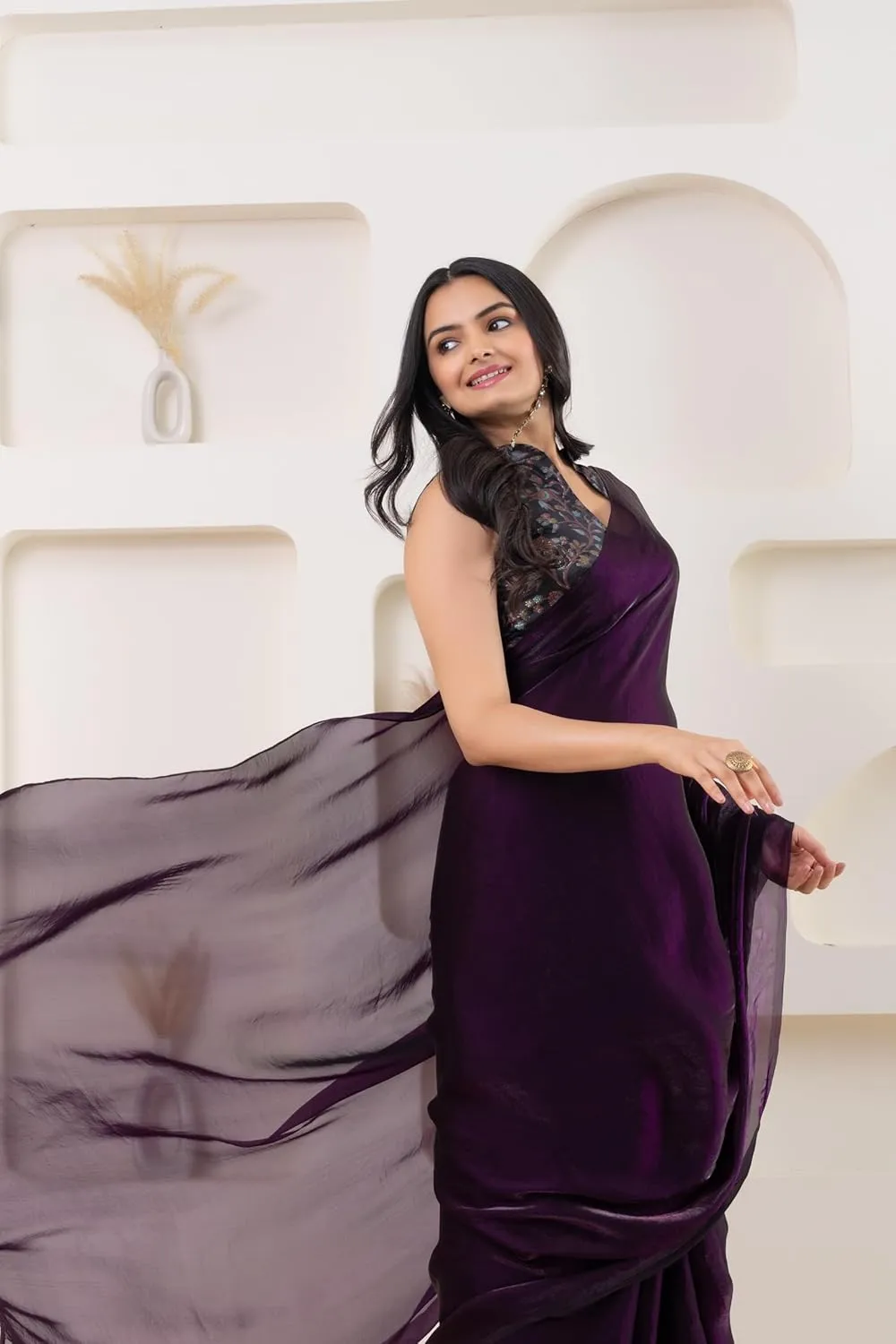 Lustrous Tissue Silk Ready To Wear Saree With Foil Printed Digital Blouse