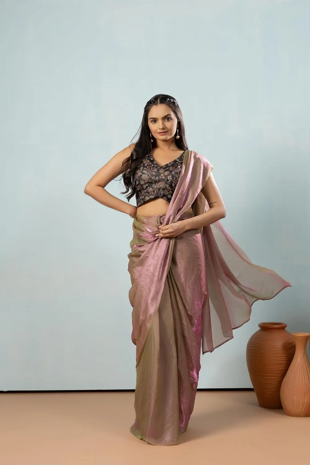 Lustrous Tissue Silk Ready To Wear Saree With Foil Printed Digital Blouse