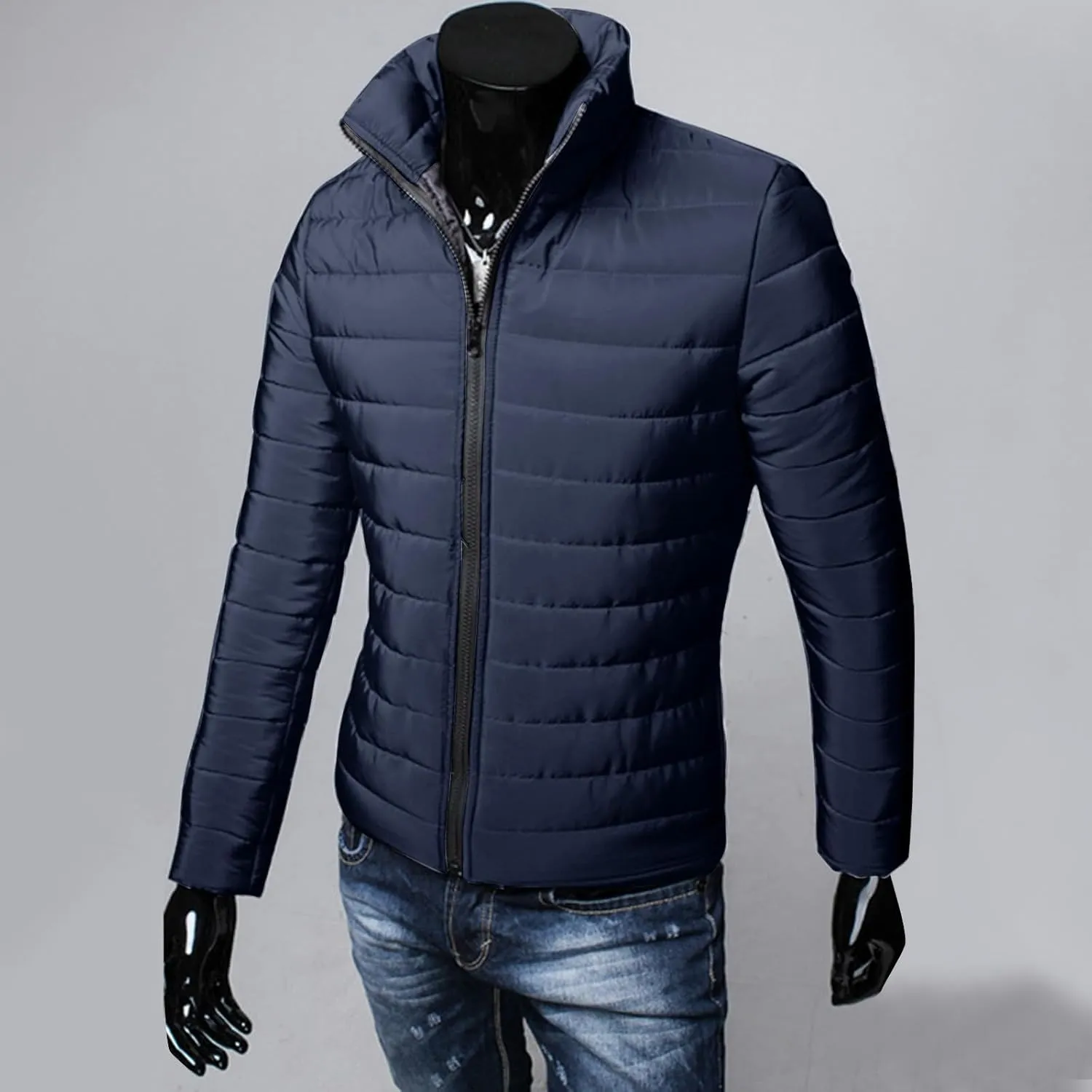 Men Lightweight Jacket Puffer Hoodless Light Padded Zip Down Jacket Winter Warm Bubble Coat Packable Quilted Jackets