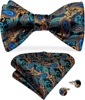 Men's Bow Tie Self Tie Silk Bowties Fashion Wedding Party Paisley Bowknot Tie Set Hanky Cufflink