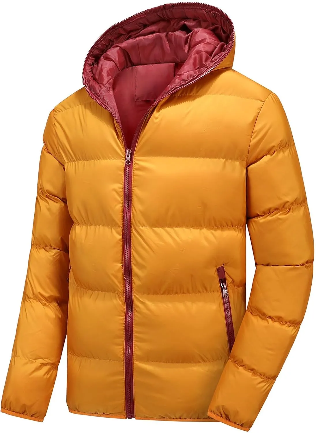 Mens Color Block Puffer Jacket Lightweight Hooded Down Coat Quilted Insulated Jacket Zip up Padded Coat Winter Ouwear