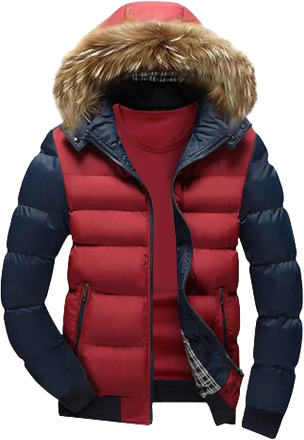 Men's Lightweight Puffer Jacket with Fur Hood Color Block Down Jacket Zip up Padded Coat Casual Warm Winter Outwear