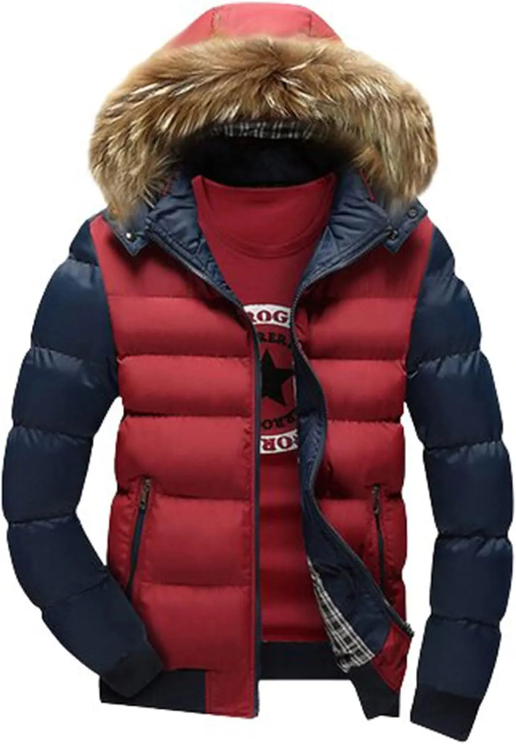 Men's Lightweight Puffer Jacket with Fur Hood Color Block Down Jacket Zip up Padded Coat Casual Warm Winter Outwear