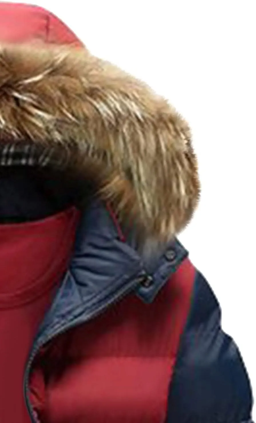 Men's Lightweight Puffer Jacket with Fur Hood Color Block Down Jacket Zip up Padded Coat Casual Warm Winter Outwear
