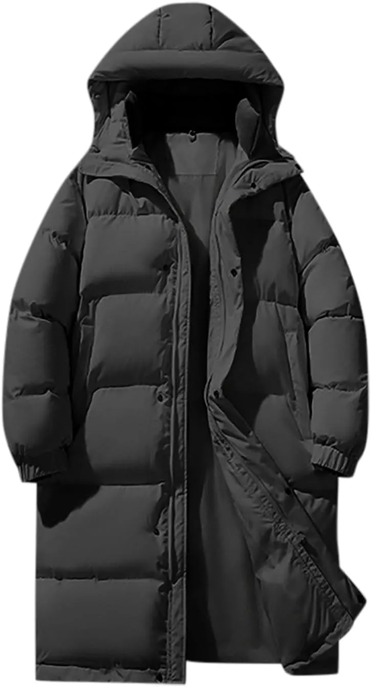 Mens Puffer Jacket Long Winter Coat Hooded Down Jacket Warm Parka Jacket Quilted Insulated Jacket Windproof Coat