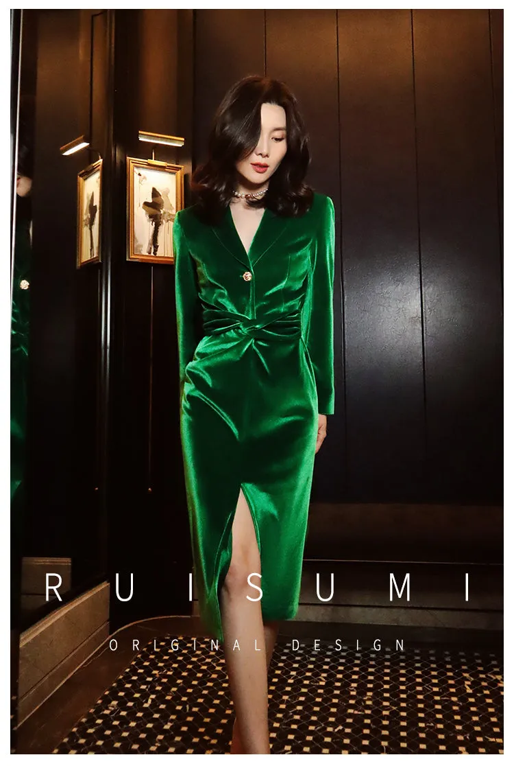 New retro light luxury design sense velvet simple self-cultivation feminine long-sleeved dress- Filia