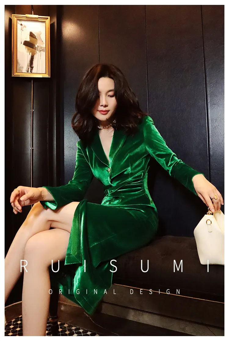 New retro light luxury design sense velvet simple self-cultivation feminine long-sleeved dress- Filia