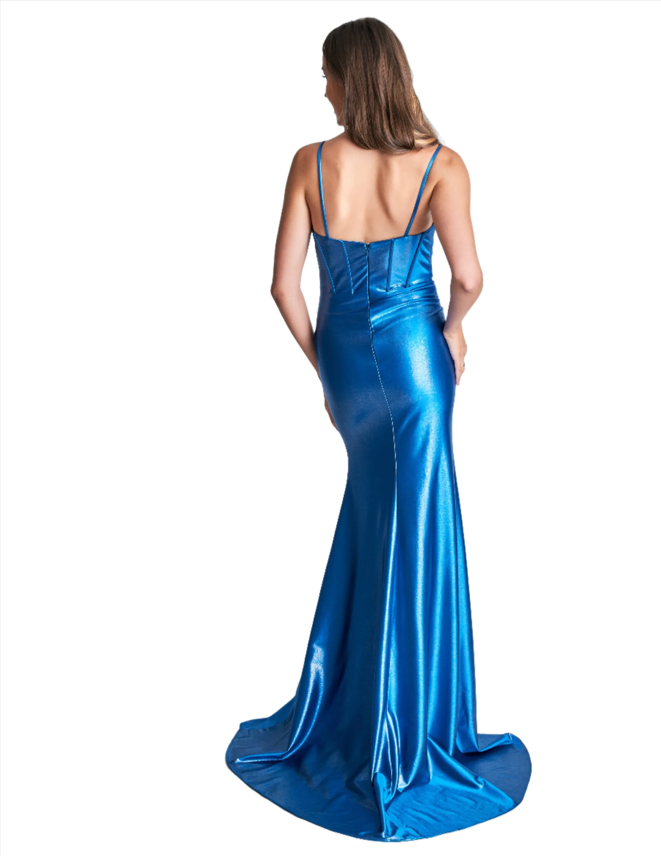 Nina Canacci 4404 Shimmer Jersey Corset Fitted Prom Dress Slit V Neck Ruched formal gown